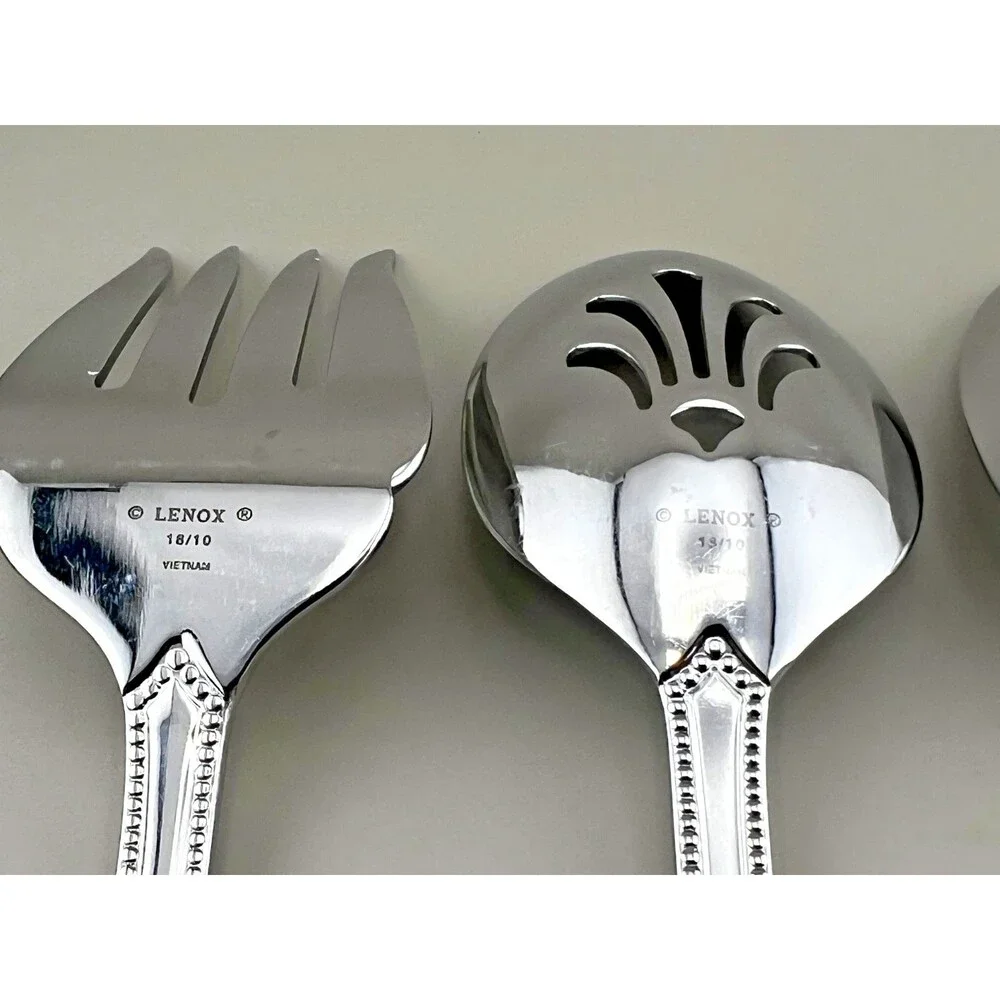 LENOX French Perle 3pc Serving Set Pierced Spoon Fork 18/10 Stainless Flatware